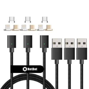 NetDot 3 Pack 5ft 5th Generation i-Product+USB C+Micro USB 3 in 1 Nylon Braided USB 2.0 Magnetic Charging Cable