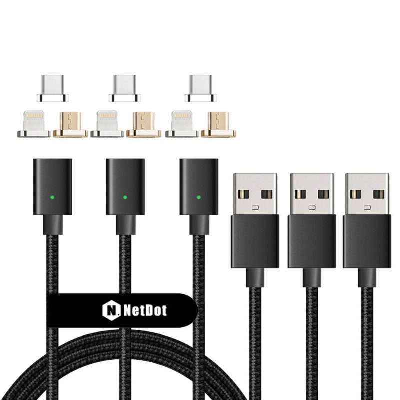 NetDot 3 Pack 5ft 5th Generation i-Product+USB C+Micro USB 3 in 1 Nylon Braided USB 2.0 Magnetic Charging Cable