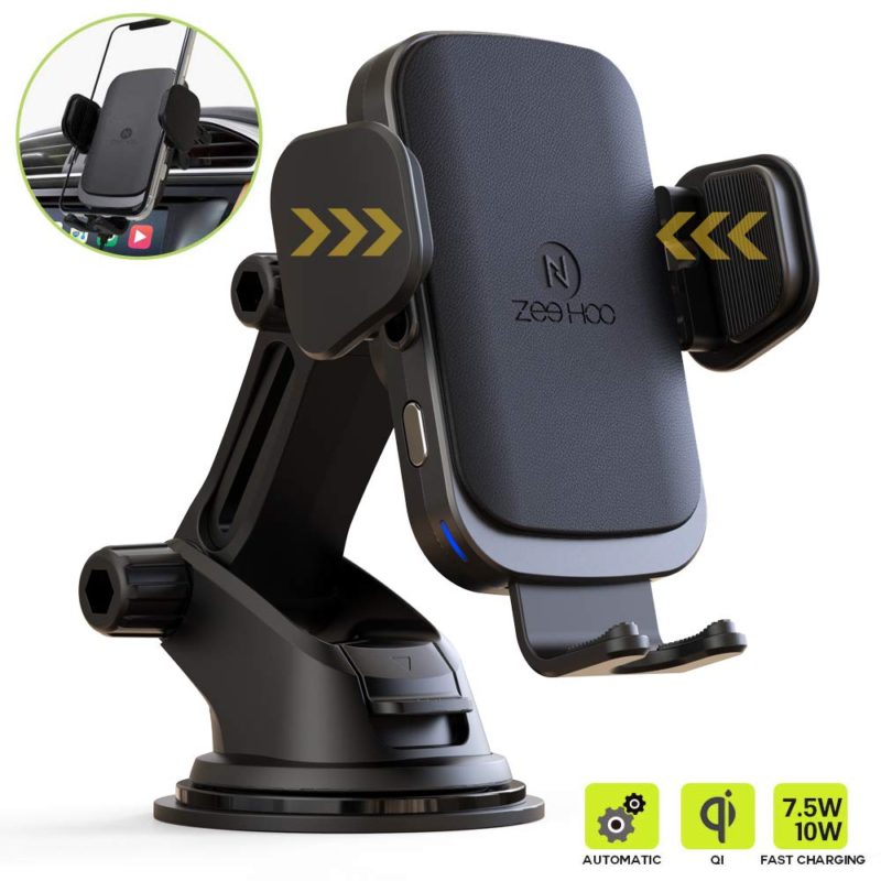ZeeHoo Wireless Car Charger Mount with USB-C, Auto-Clamp 10W Qi Fast Charging