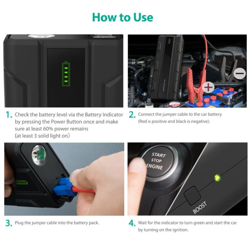 Car Jump Starter RAVPower 1000A Peak Current Quick Charge 3.0 12V