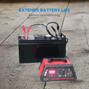 Potek 2-6-10 Amp Smart Battery Charger and Maintainer with 50-Amp Battery Clips