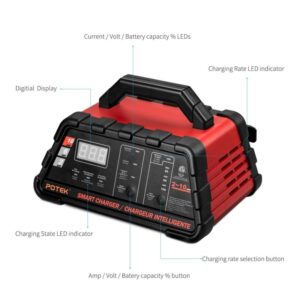 Potek 2-6-10 Amp Smart Battery Charger and Maintainer with 50-Amp Battery Clips