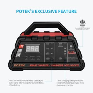 Potek 2-6-10 Amp Smart Battery Charger and Maintainer with 50-Amp Battery Clips