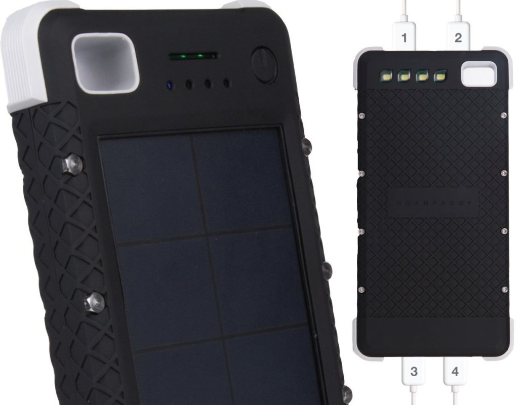 SOS20K - 20,000 mAh Rugged Solar Charger with Flashlight, IP67 Waterproof Solar Camping Battery & 4 Port USB Fast Charging Powerbank