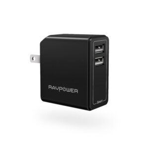 USB Wall Charger RAVPower 24W 4.8A Dual 2.4A Output Portable USB Charger with iSmart Technology, Foldable Plug and LED Indicator - Black
