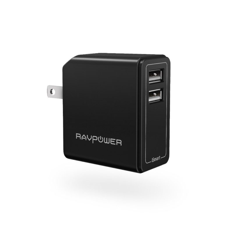 USB Wall Charger RAVPower 24W 4.8A Dual 2.4A Output Portable USB Charger with iSmart Technology, Foldable Plug and LED Indicator - Black