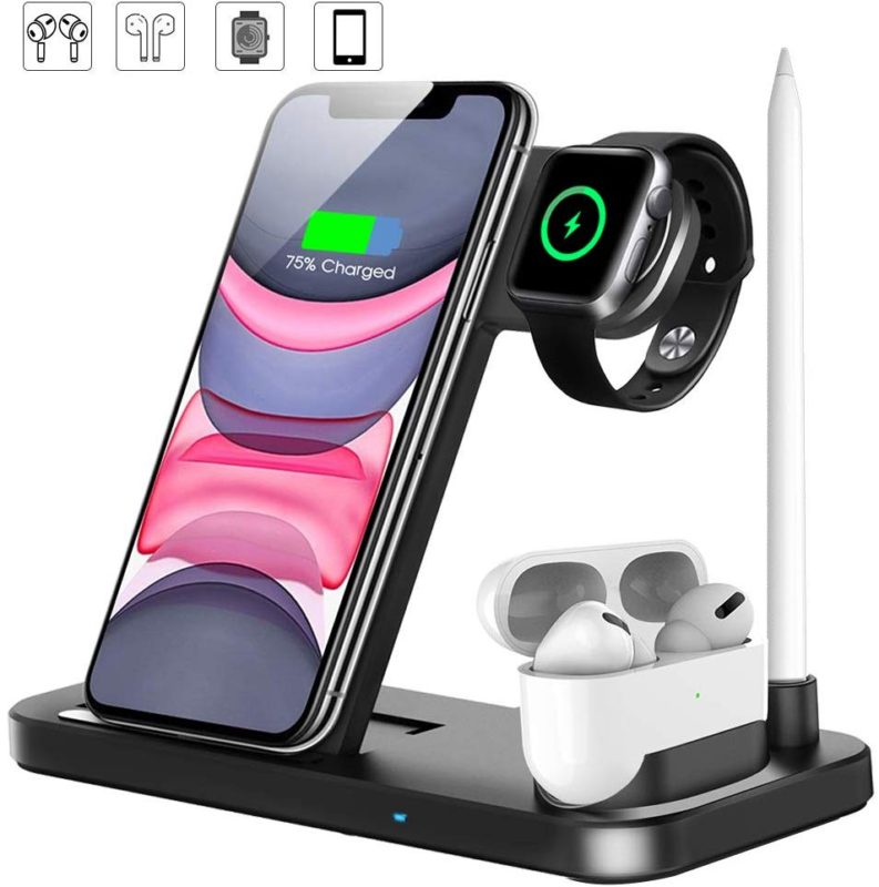 Wireless Charger, QI-EU 4 in 1 Qi-Certified 10W Fast Charger Station
