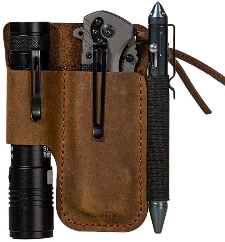 EASYANT Handmade Leather Sheath Folding Knife Tactical Pen Organizer EDC Tools Brown